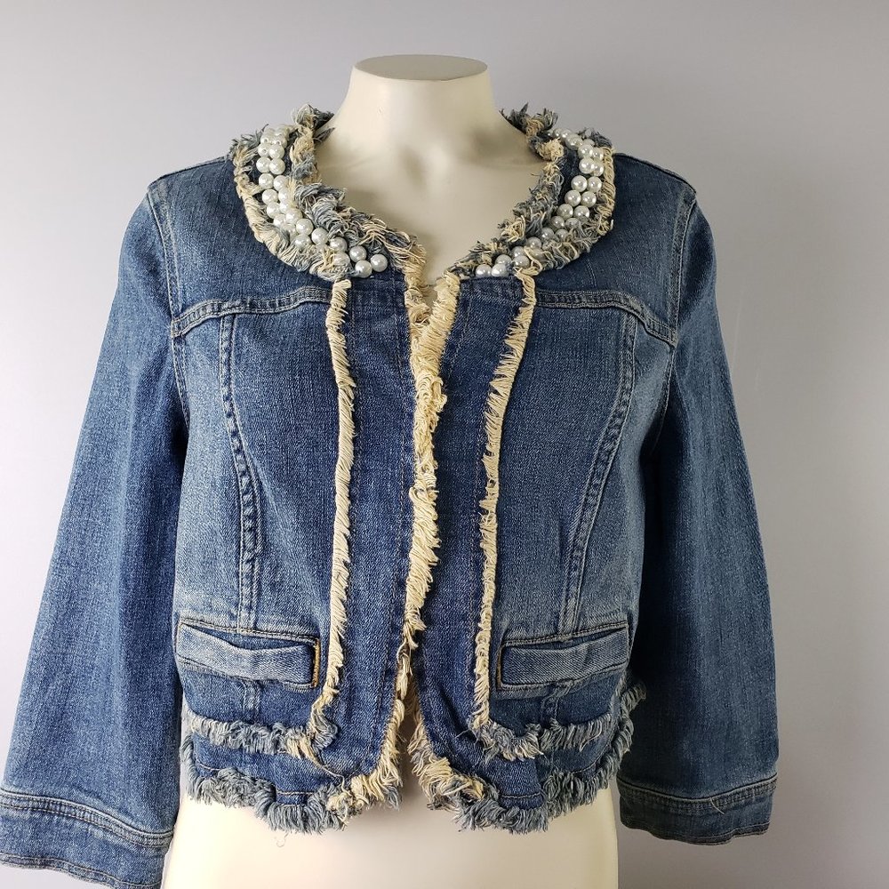 Princess Vera Wang crop Jeans jacket pearls embellished collar